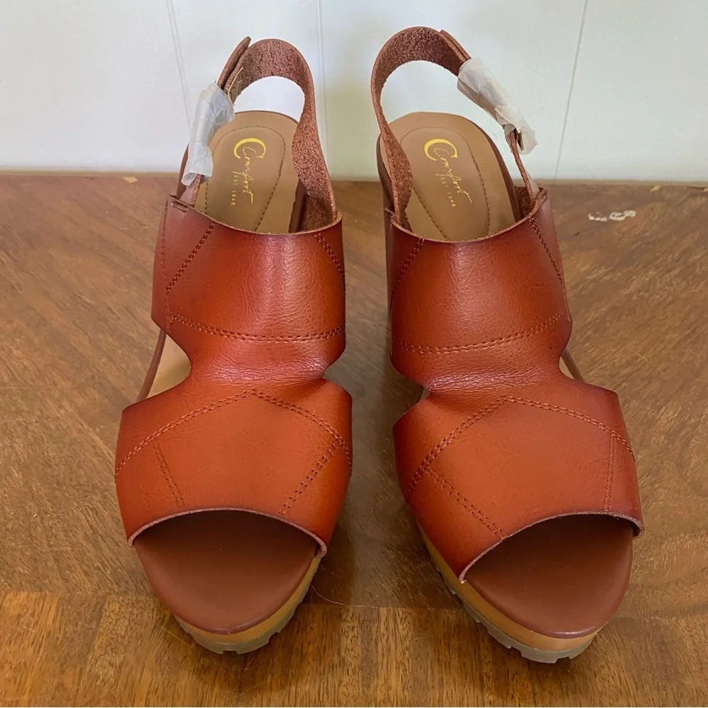New Chunky Heel Sandel 9.5 Stacked Block Cognac Brown Strap Comfort Retro - Picture 11 of 11